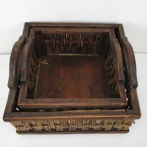 SET OF 2 VINTAGE WOOD & SPLIT BAMBOO SQUARE BASKETS